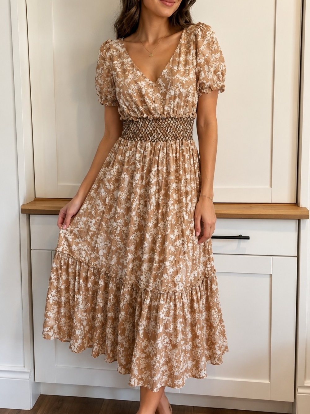 💙Women's Floral Smocked Waist Midi Dress in Tan